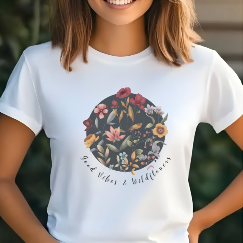 Close-up view of the "Good Vibes & Wildflowers" graphic, showcasing the soft textures of the watercolor wildflowers, the intricate details of the individual petals and leaves, and the elegant typography of the "Good Vibes & Wildflowers" text.