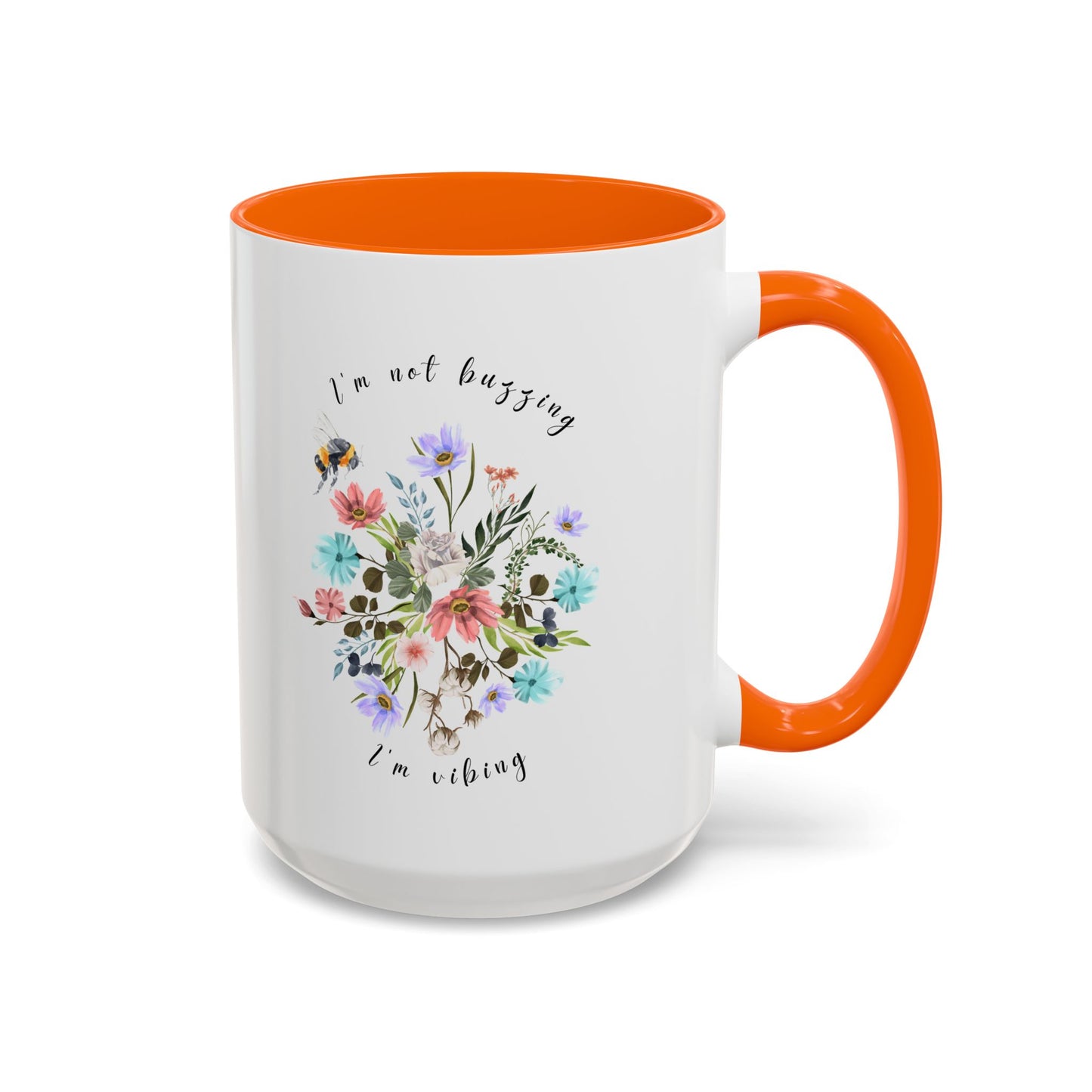 Close-up view of the detailed bee and wildflower illustration Coffee Mug, 15oz orange