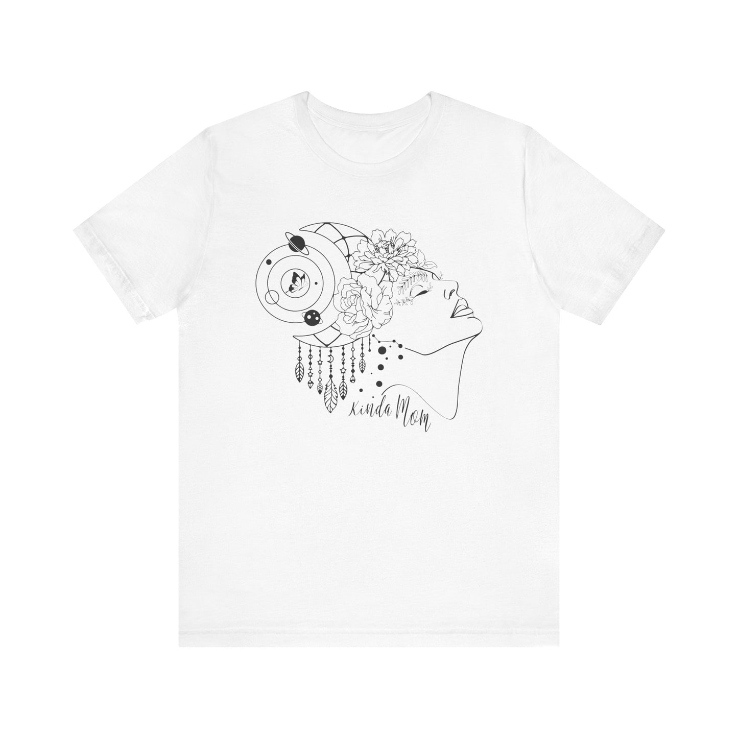Flat lay of the "Kinda Mom" T-Shirt, highlighting the soft Airlume cotton fabric and classic crew neckline. Color White