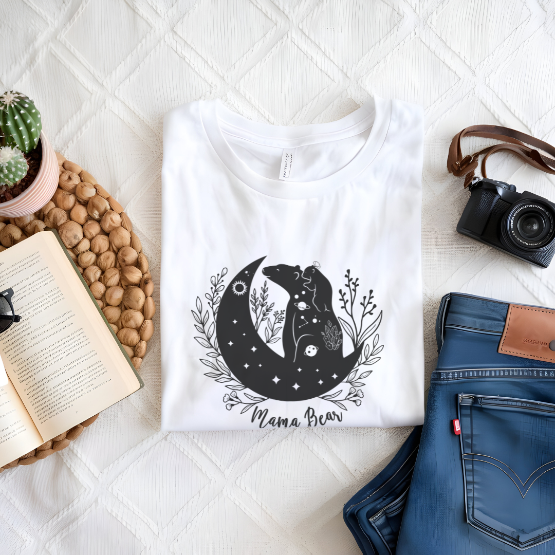 Folded "Mamma Bear" T-Shirt, highlighting the soft Airlume cotton fabric and classic crew neckline. White
