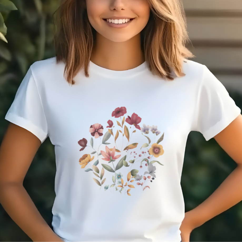 Close-up view of the "Hello Spring" floral graphic, showcasing the delicate details of the individual flower petals, the varied textures of the leaves, and the rich colors of the botanical illustration.