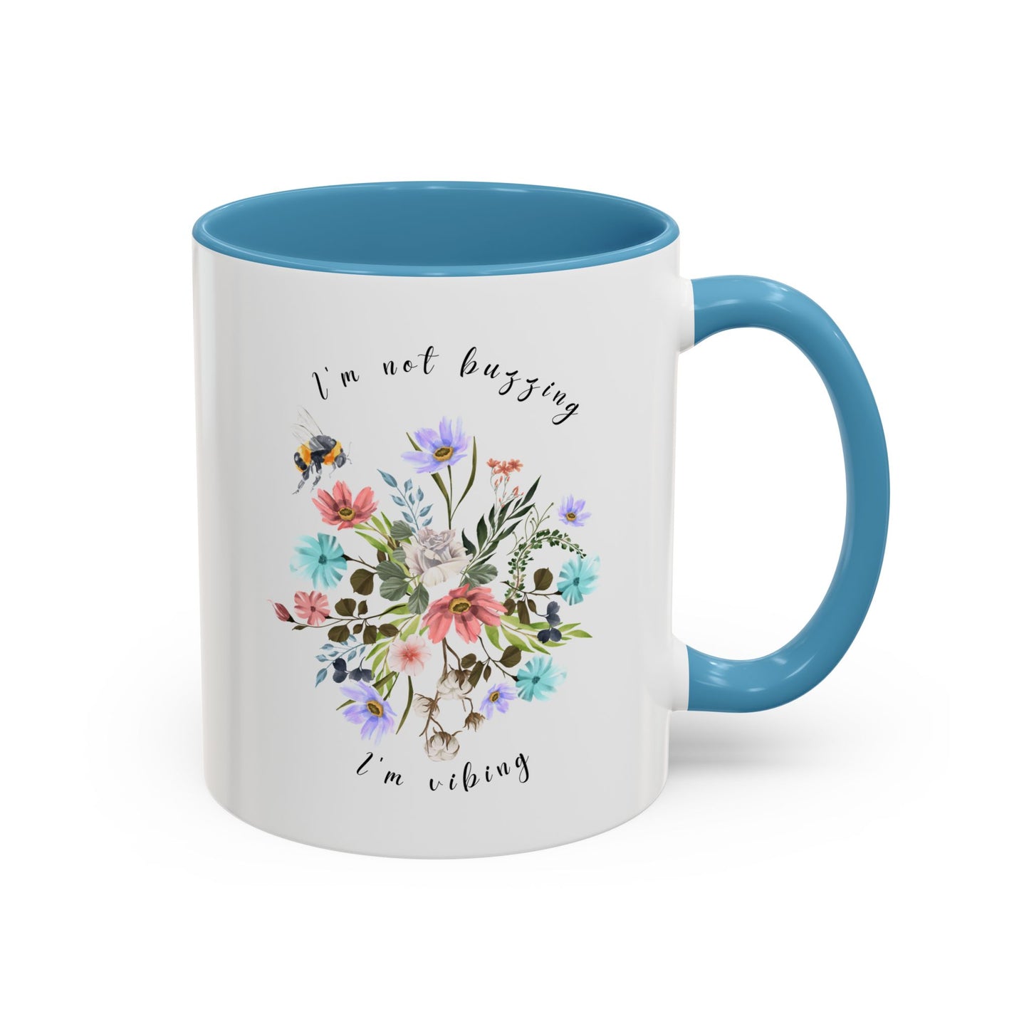 Close-up view of the detailed bee and wildflower illustration Coffee Mug, 11oz Light blue
