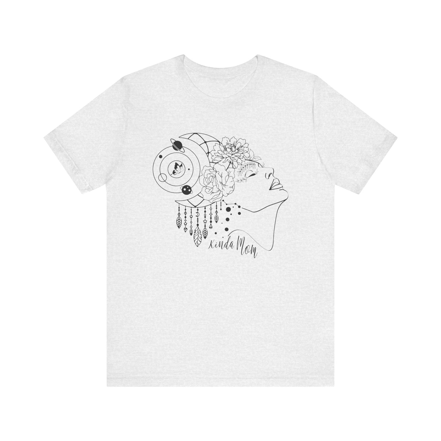 Flat lay of the "Kinda Mom" T-Shirt, highlighting the soft Airlume cotton fabric and classic crew neckline. Color Ash