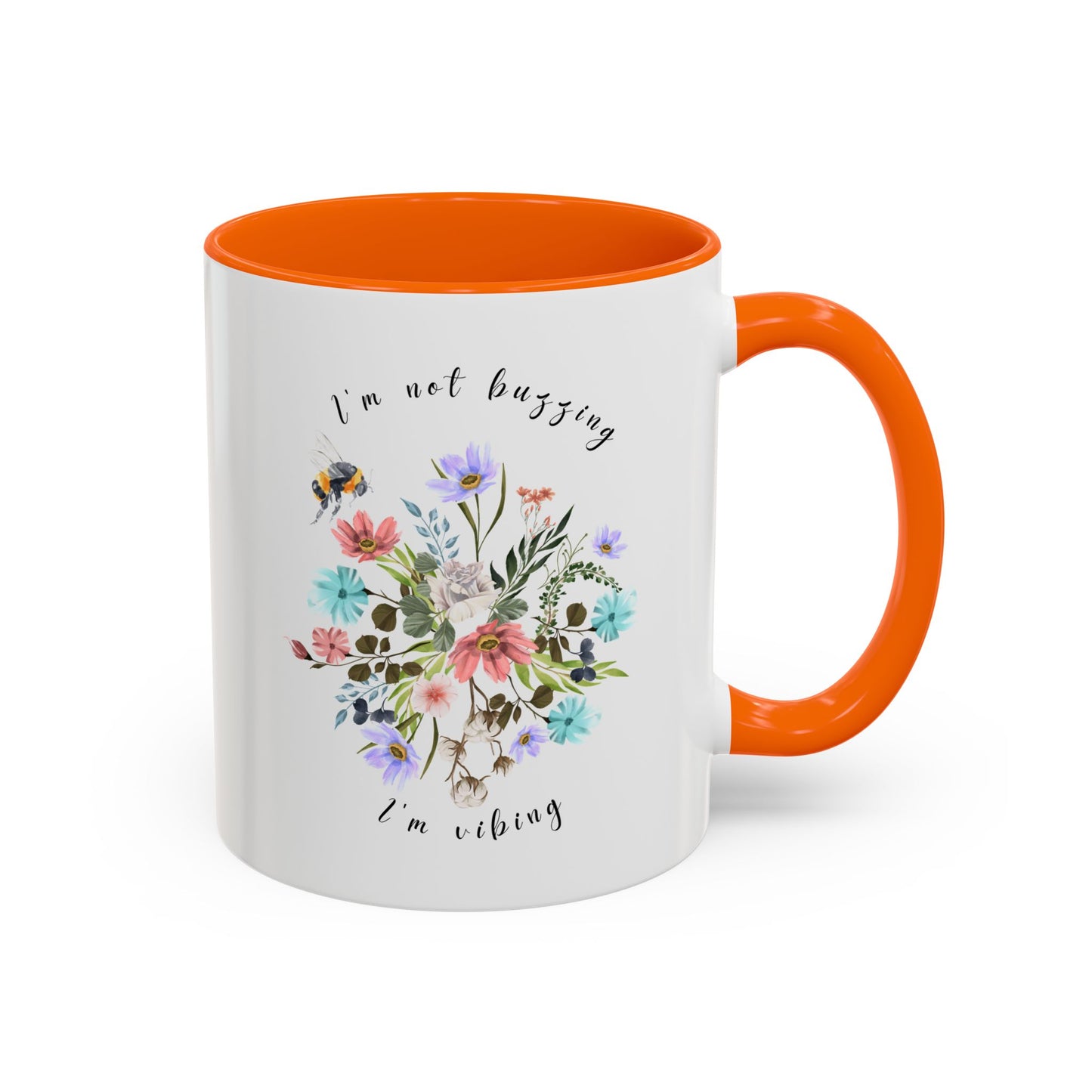 Close-up view of the detailed bee and wildflower illustration Coffee Mug, 11oz Orange
