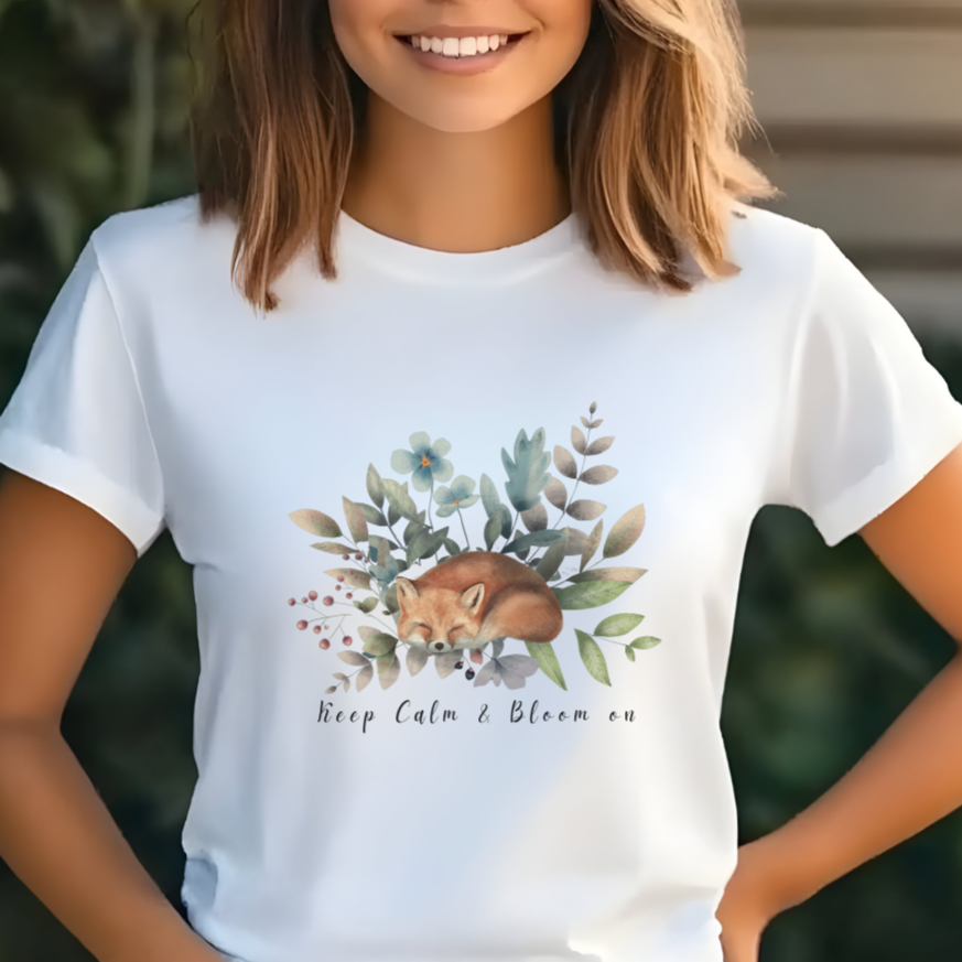 Close-up view of the "Keep Calm & Bloom On" graphic, showcasing the delicate watercolor textures of the fox's fur, the intricate details of the flower petals and leaves, and the whimsical typography of the "Keep Calm & Bloom On" text. Color White