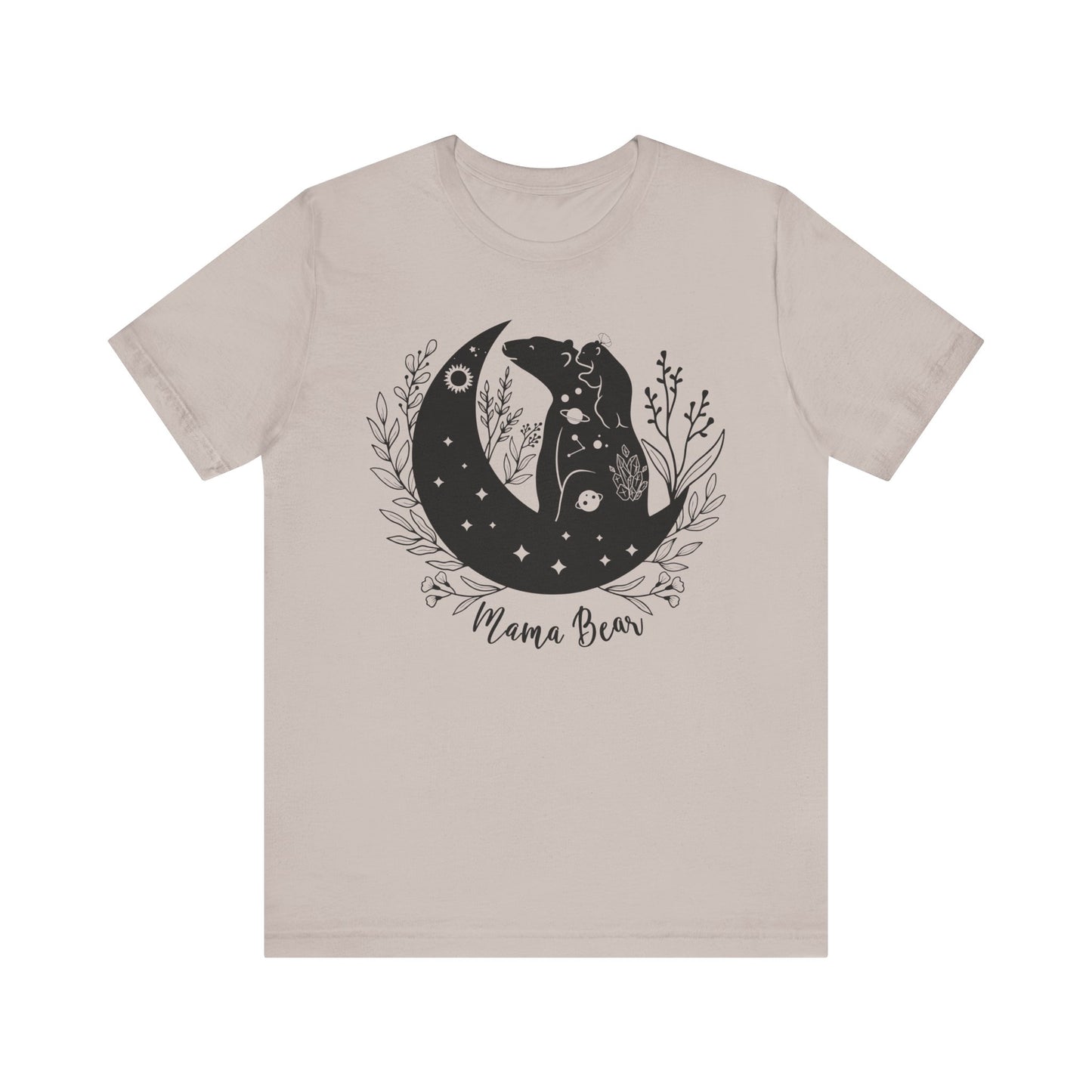 Flat lay of the "Mamma Bear" T-Shirt, highlighting the soft Airlume cotton fabric and classic crew neckline. Heather Clay Grey