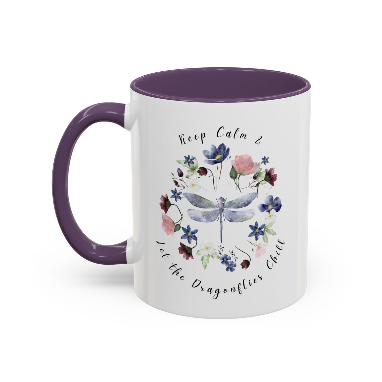 Keep Calm & Let Dragonflies Chill Coffee Mug, featuring a charming designon a white ceramic mug. Available in 11oz Purple