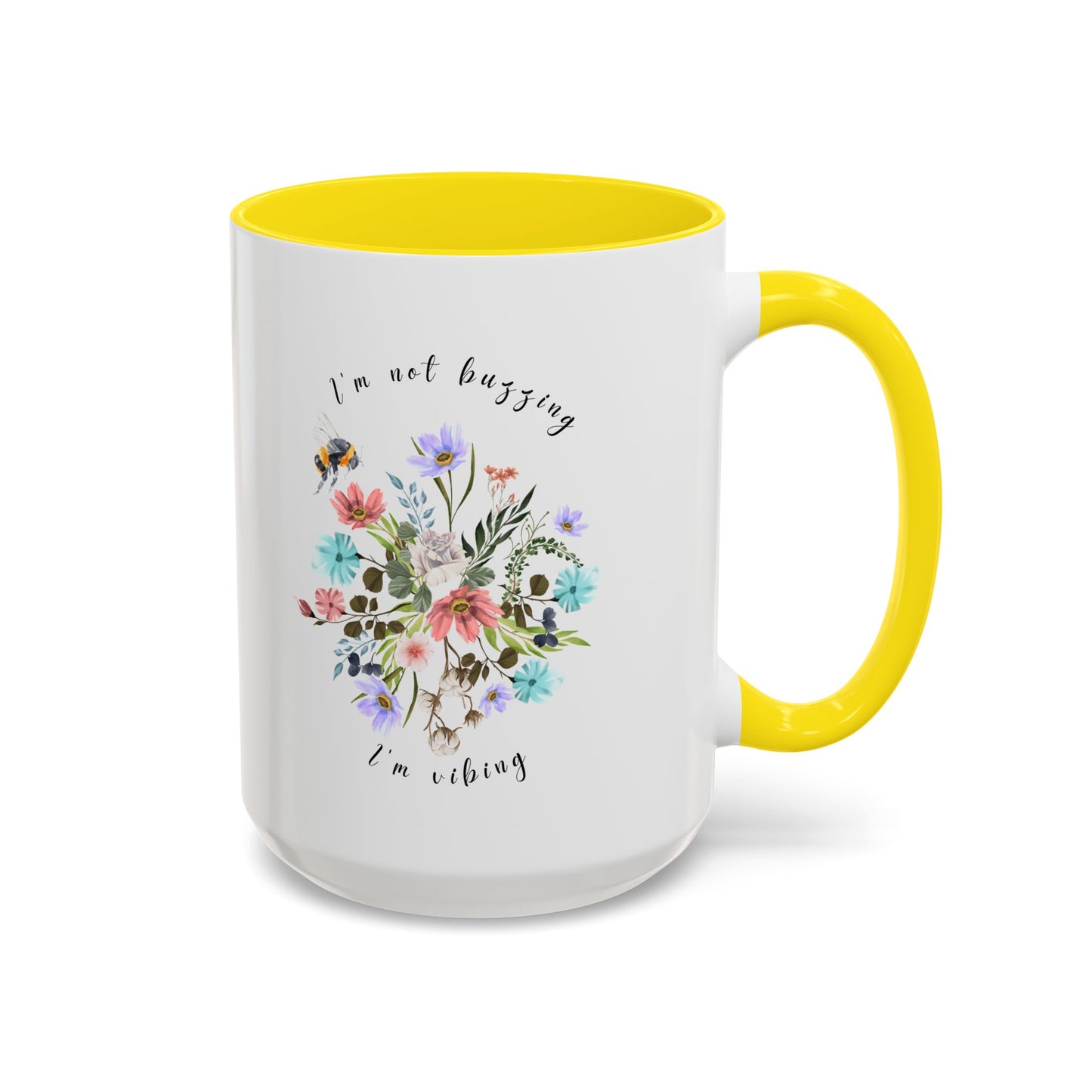 Close-up view of the detailed bee and wildflower illustration Coffee Mug, 15oz yellow