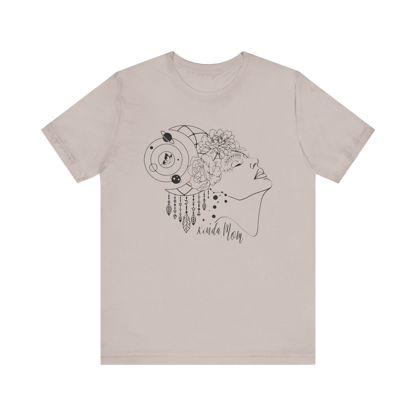 Flat lay of the "Kinda Mom" T-Shirt, highlighting the soft Airlume cotton fabric and classic crew neckline. Color Heather Clay Grey