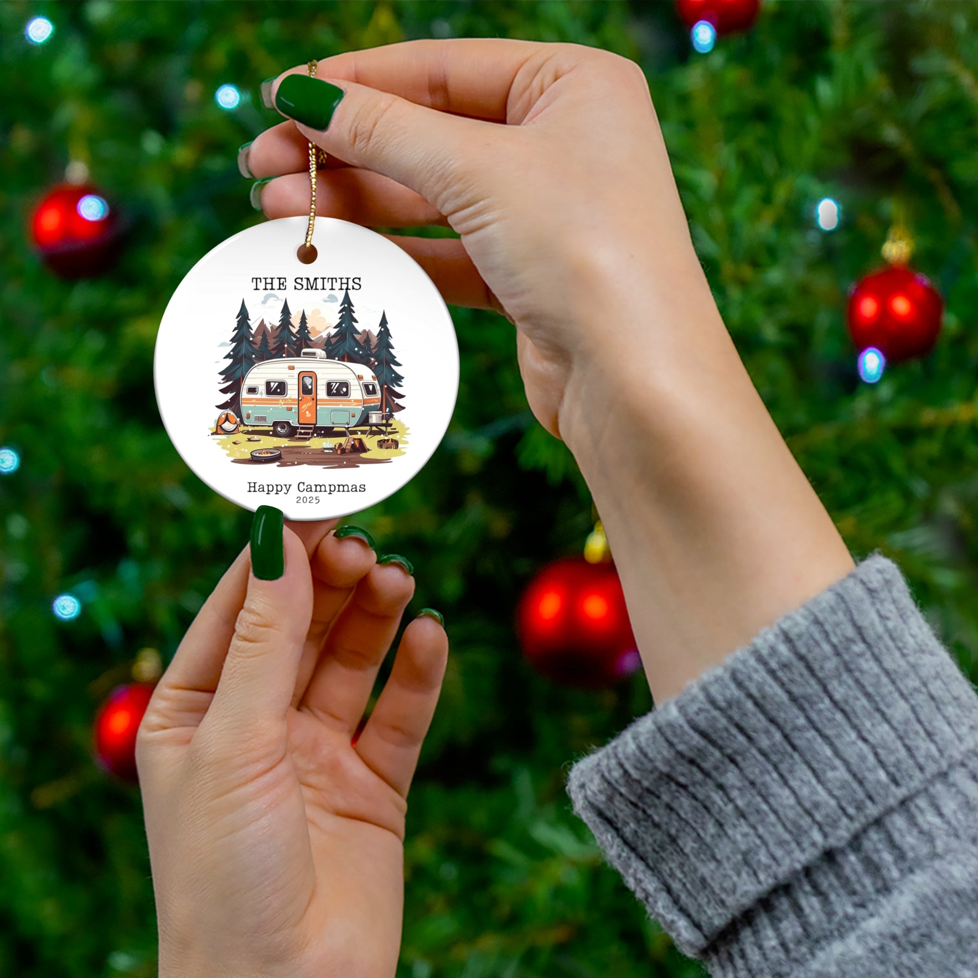 Camping Christmas ceramic ornament