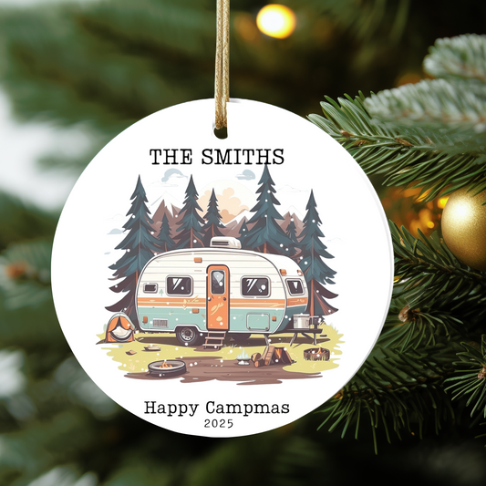 Camping Christmas ceramic ornament