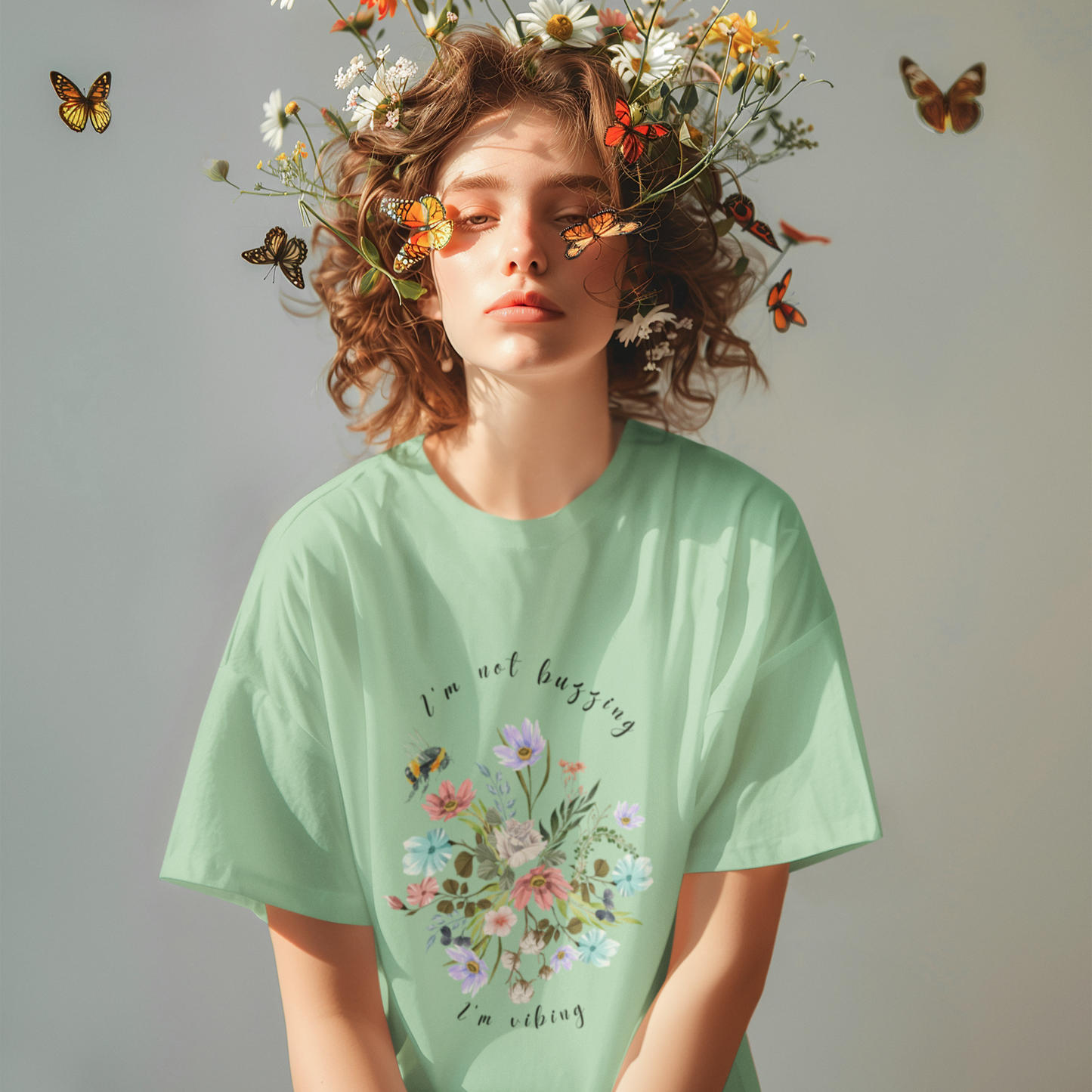 "I'm Not Buzzing" graphic, showcasing the detailed illustration of the bee with its delicate wings and fuzzy body, the intricate details of the wildflower petals and leaves, and the whimsical typography of the "I'm Not Buzzing" and "I'm Vibing" text. Color Green Mint