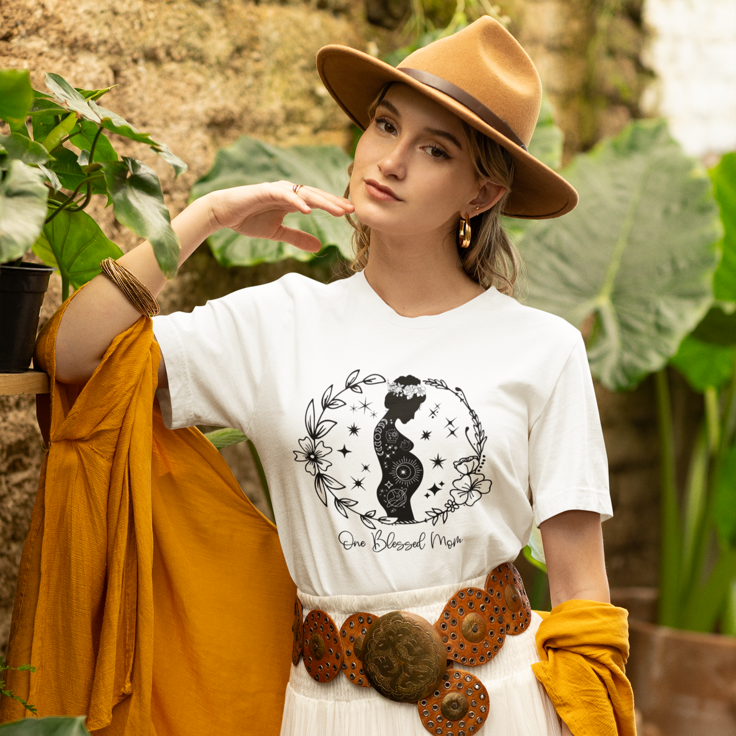 Lifestyle shot of a mom wearing the "One Blessed Mom" T-Shirt