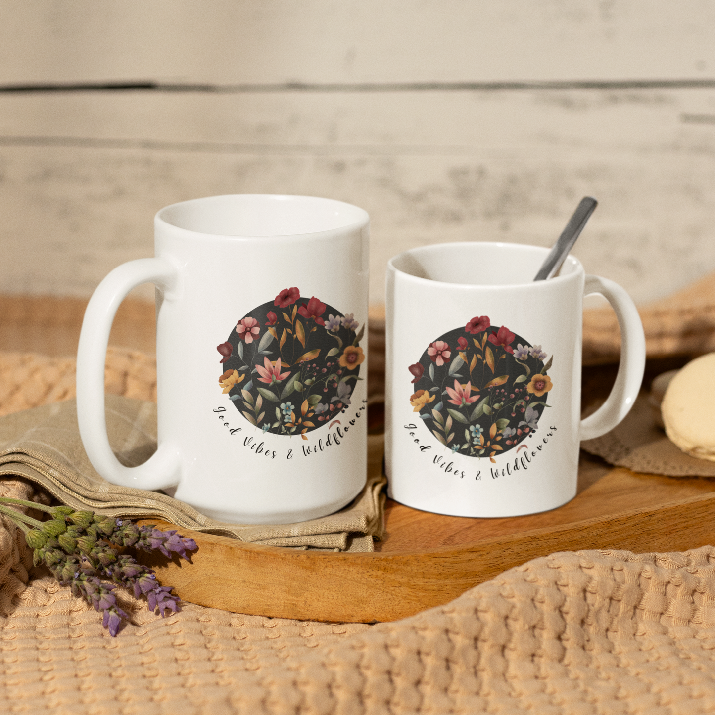 Comparison of the 11oz and 15oz sizes of the Good Vibes & Wildflowers Ceramic Mug