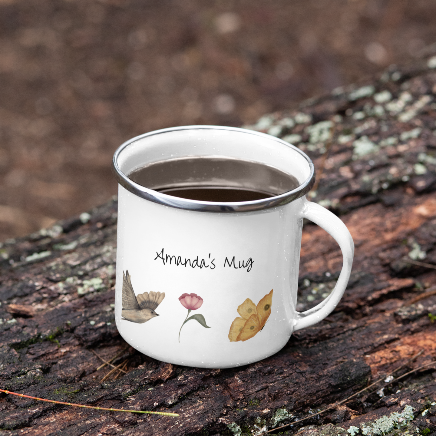 Personalized enamel camping mug featuring Spring Animals and the name