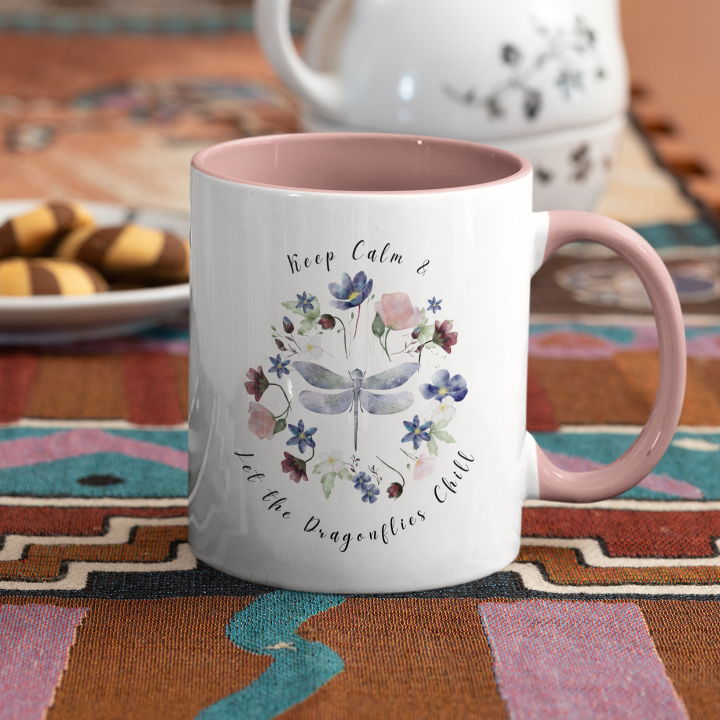 Keep Calm & Let Dragonflies Chill Coffee Mug, featuring a charming design of dragonflies and wildflowers on a white ceramic mug. Available in 11oz and 15oz.