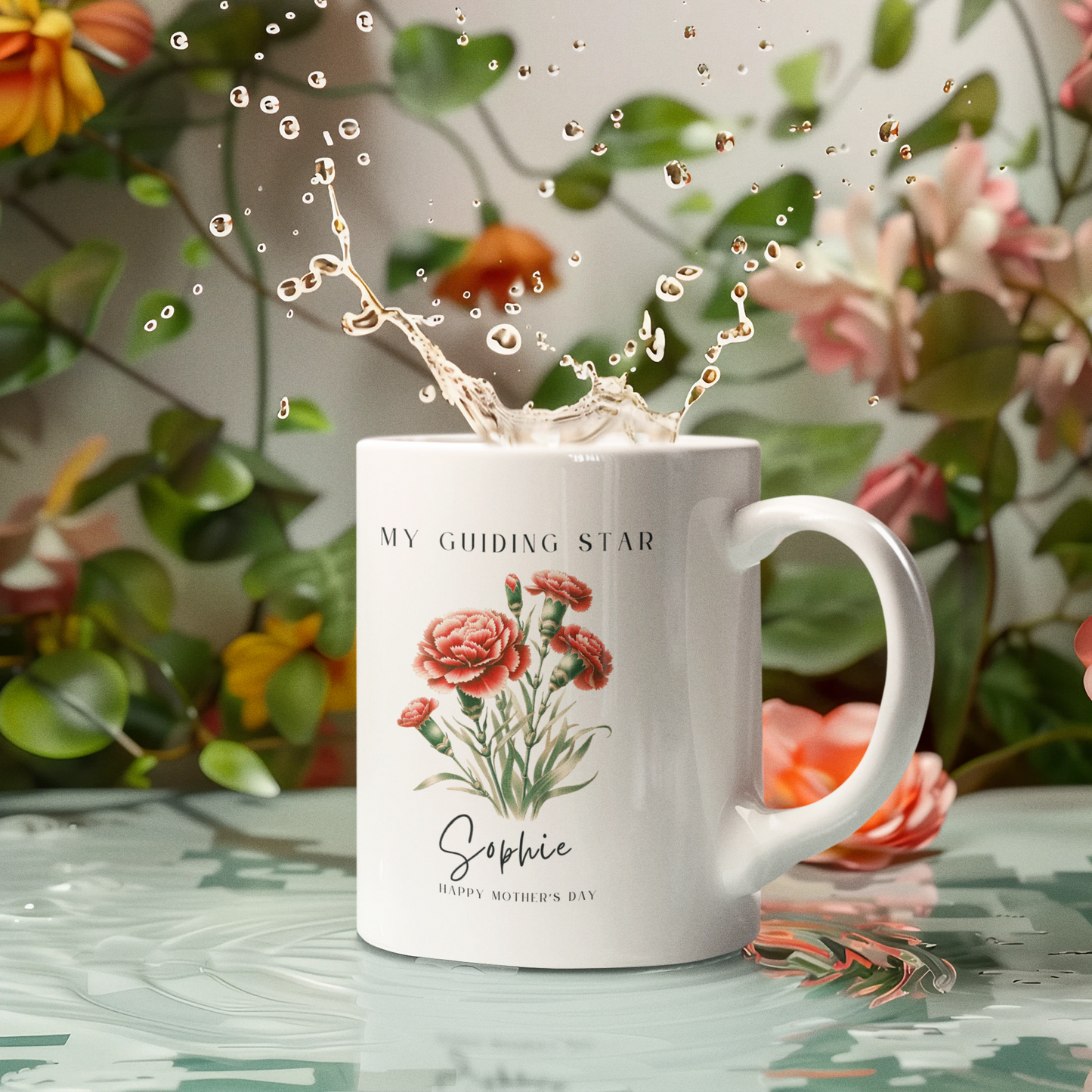 Lifestyle shot of the Personalized Wildflower Birth Month Mother's Day Mug filled with a beverage, highlighting the comfortable C-handle and the perfect size for enjoying a drink.