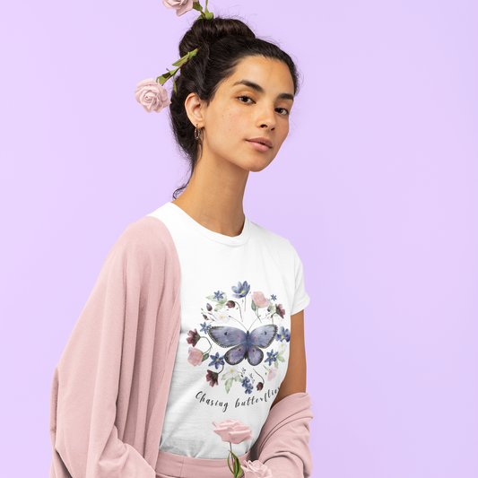 Watercolor butterfly t-shirt with purple wings and spring flowers on soft white cotton unisex tee with "Chasing Butterflies" text
