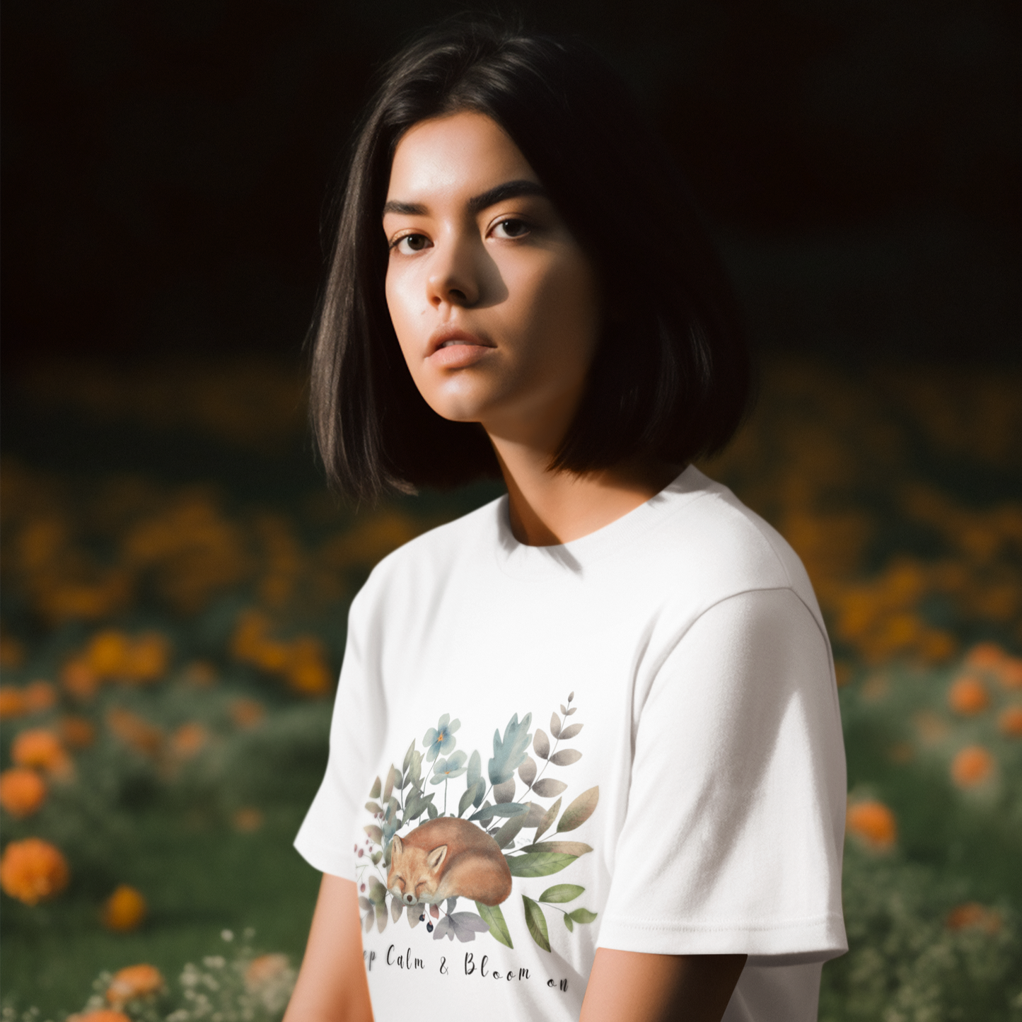 Lifestyle shot of a person wearing the "Keep Calm & Bloom On" T-Shirt