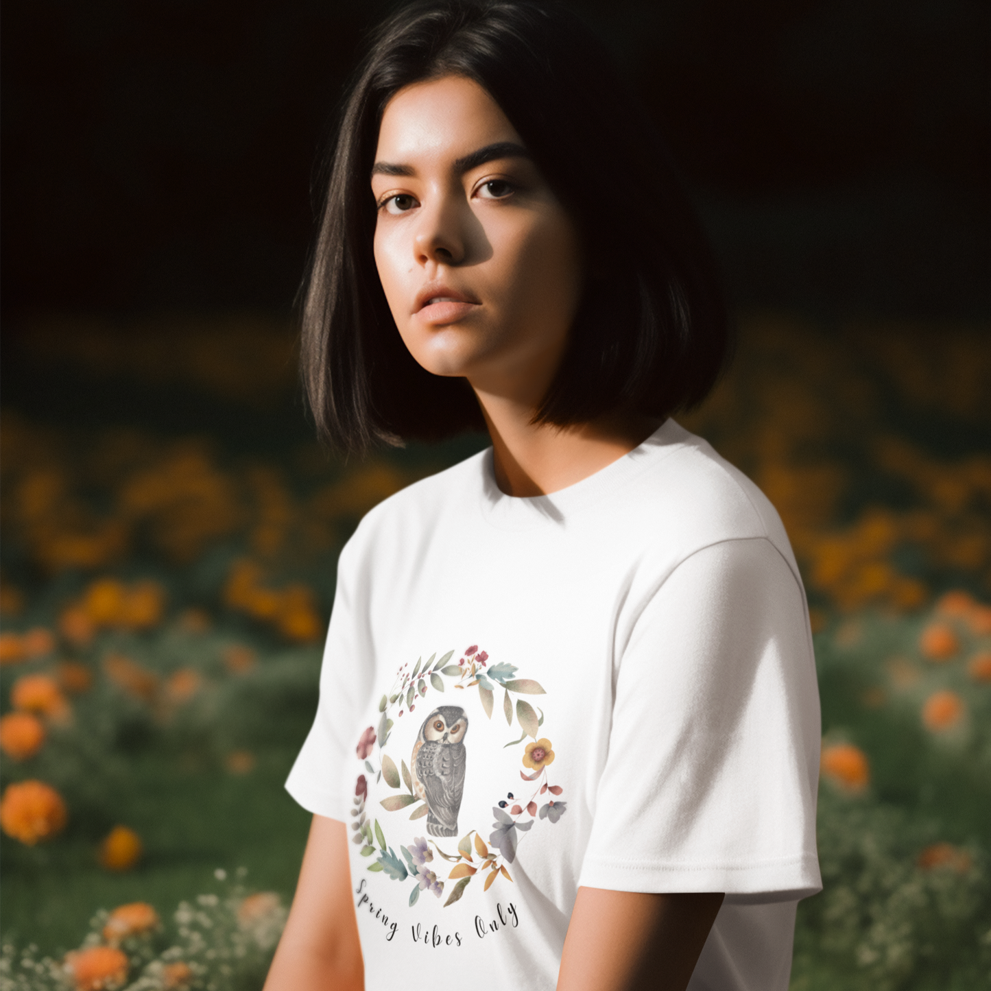 Spring Vibes Only" Unisex Ultra Cotton Tee, featuring a charming watercolor illustration of a wise-looking owl perched within a circular wreath of spring flowers and foliage, with the text "Spring Vibes Only" in a playful script below, modeled by a woman, wearing size M, Color White