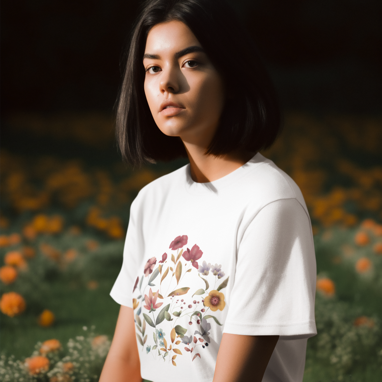 "Hello Spring" Floral Unisex Ultra Cotton Tee, featuring a vibrant botanical illustration of various spring flowers, modeled by a woman wearing size M. Color White