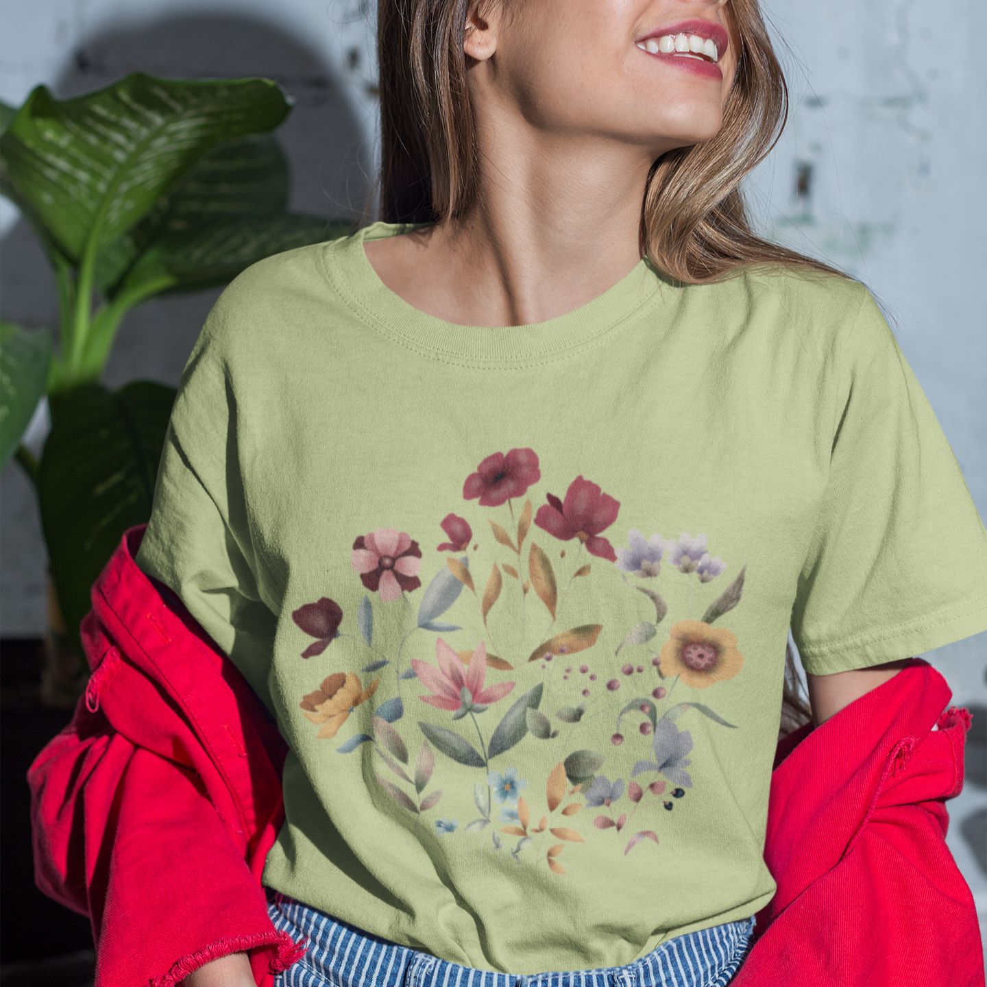 "Hello Spring" Floral Unisex Ultra Cotton Tee, featuring a vibrant botanical illustration of various spring flowers, modeled by a woman wearing size M. Color White