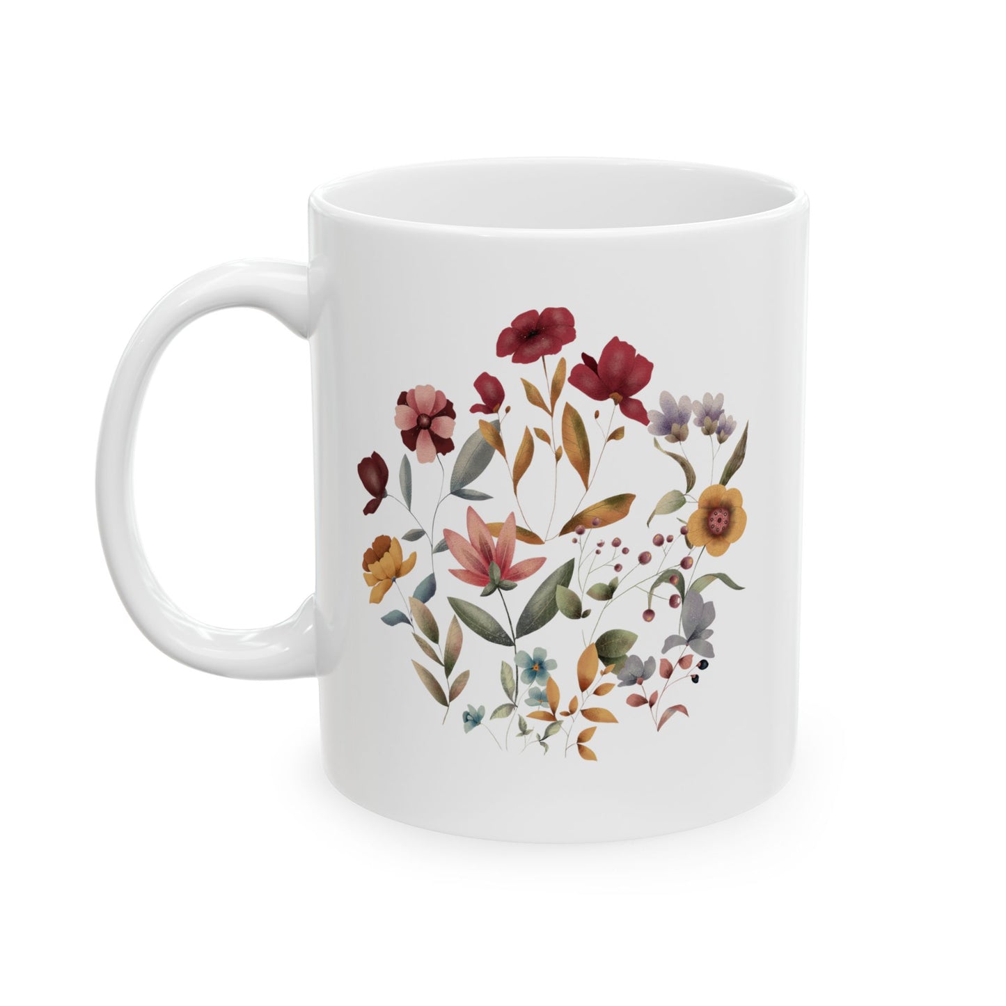 Wildflowers Circle Ceramic Mug, showcasing a vibrant circular arrangement of wildflowers on a white ceramic background. Available in 11oz
