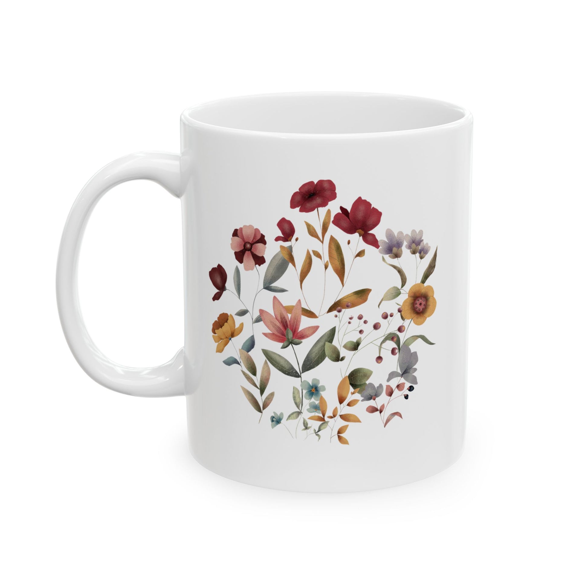Wildflowers Circle Ceramic Mug, showcasing a vibrant circular arrangement of wildflowers on a white ceramic background. Available in 11oz