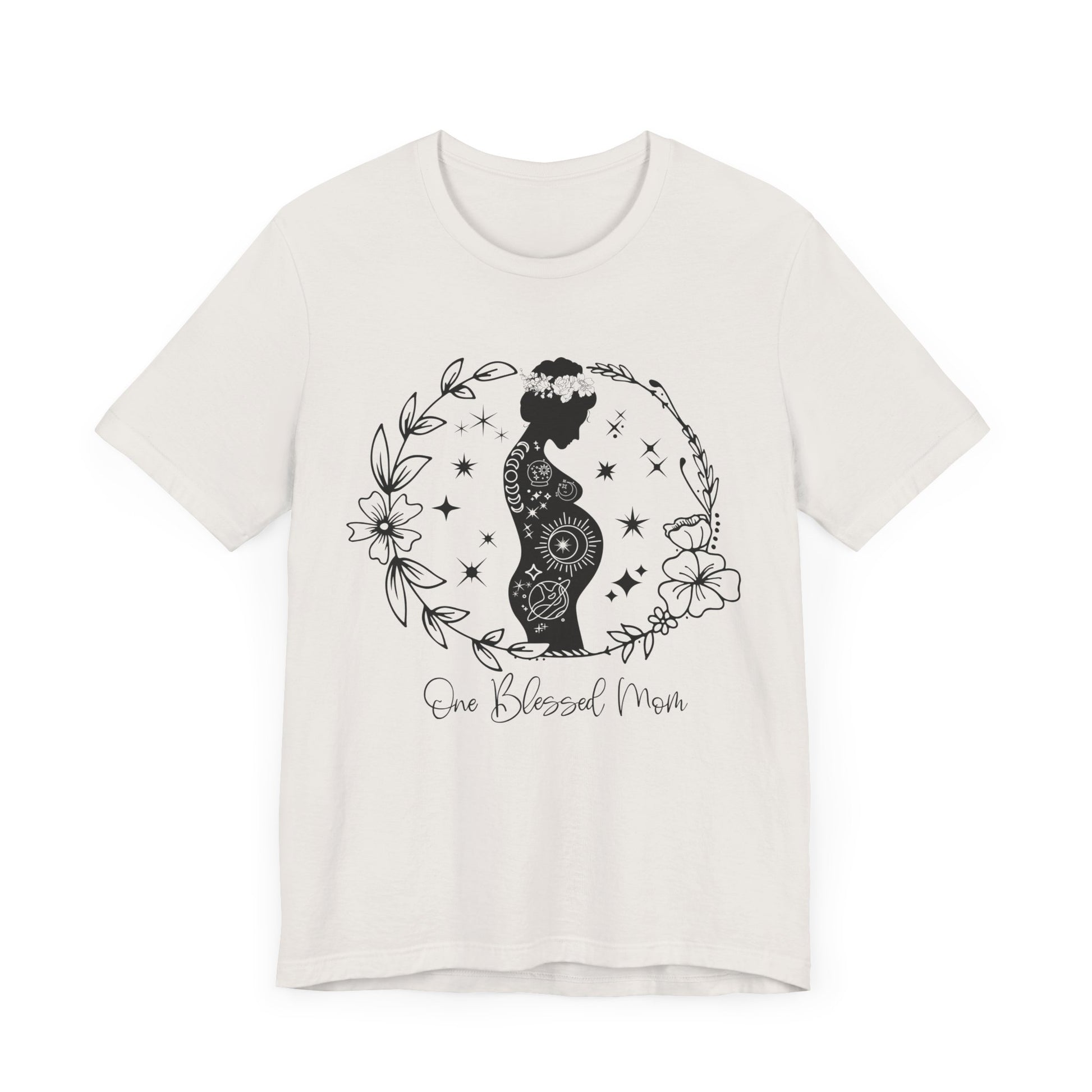 Flat lay of the "One Blessed Mom" T-Shirt, highlighting the soft Airlume cotton fabric and classic crew neckline. White vintage