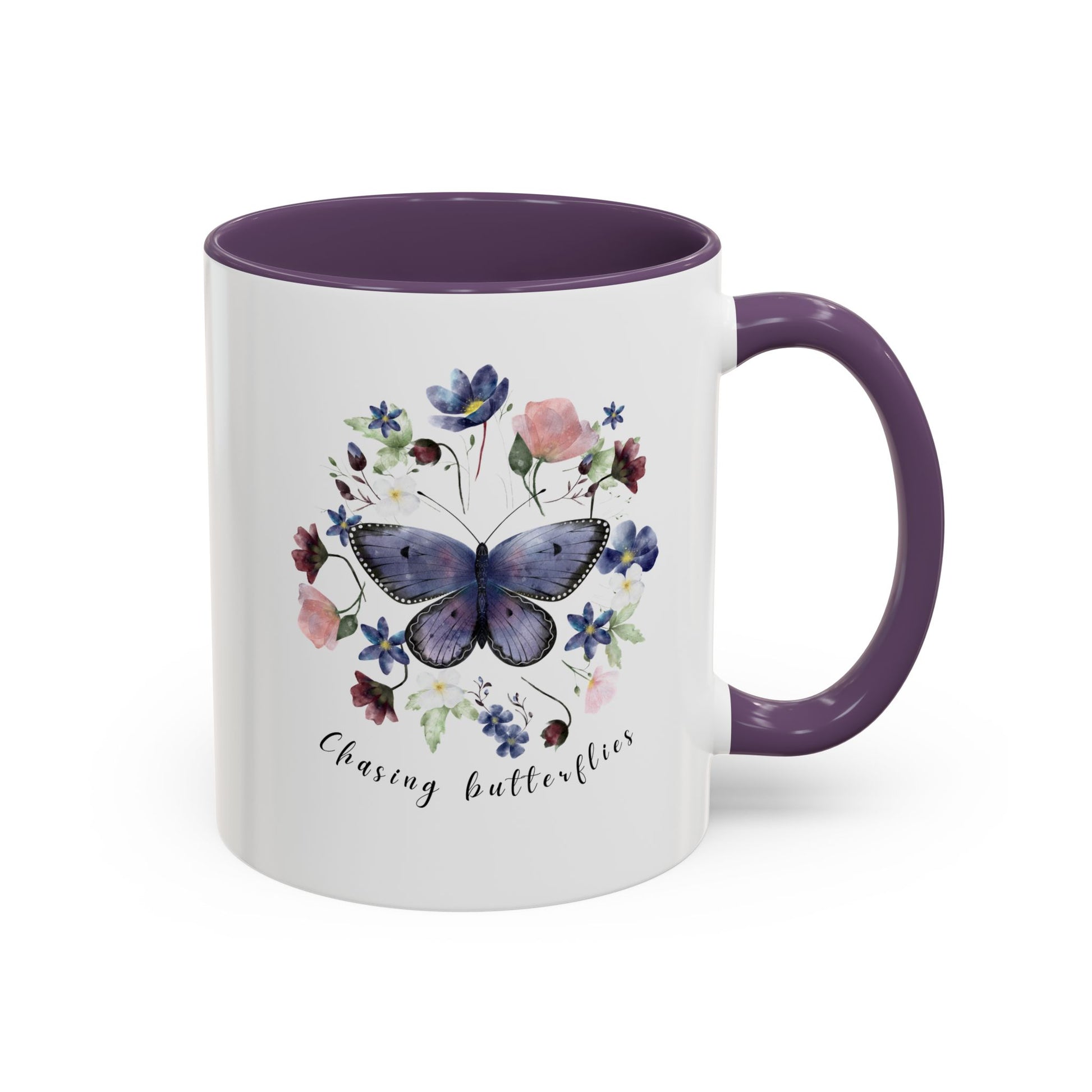 Close-up view of the intricate butterfly and wildflower design on the Butterfly & Wildflower Accent Coffee Mug, showcasing the vibrant colors and delicate details.