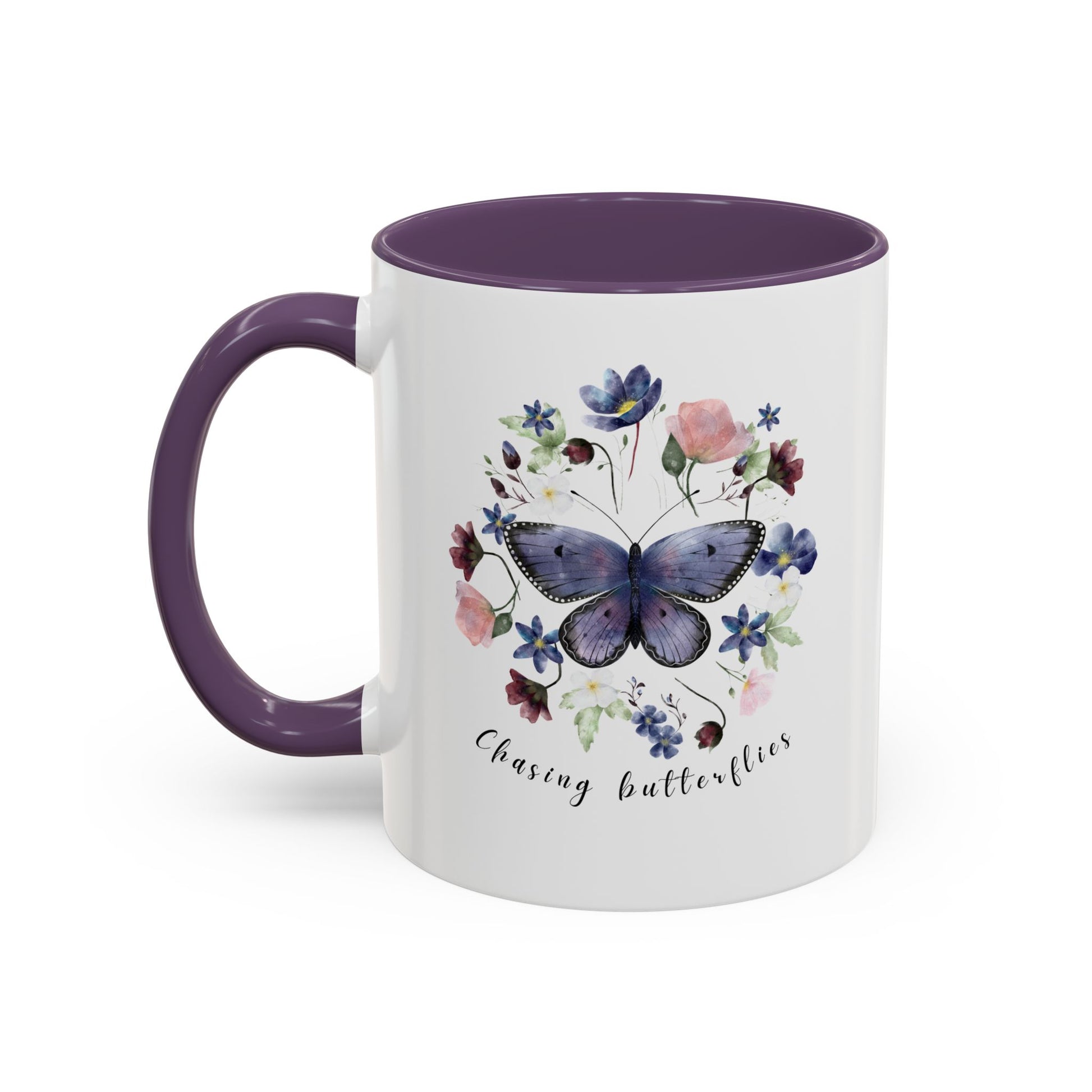 Close-up view of the intricate butterfly and wildflower design on the Butterfly & Wildflower Accent Coffee Mug, showcasing the vibrant colors and delicate details.