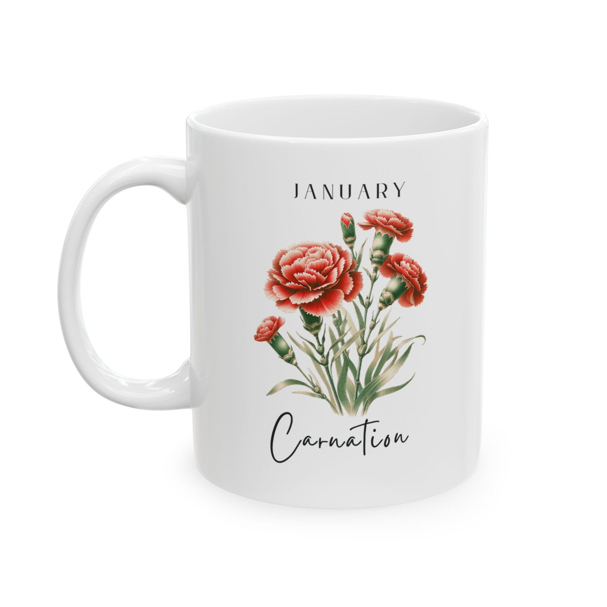 Personalized Wildflower Birth Month Mother's Day Mug, showcasing a sample design with a [January- Carnation] and a personalized name and message, on a white ceramic mug. Available in 11oz .