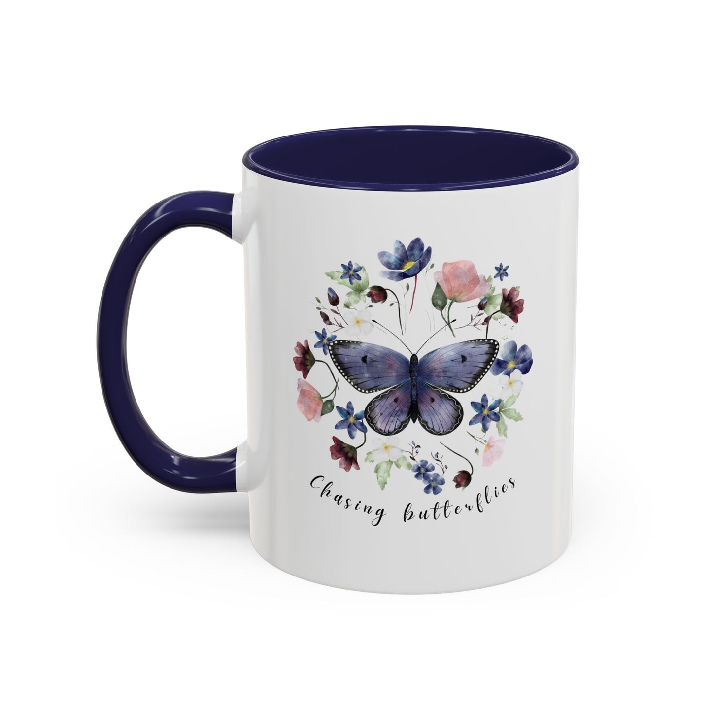 Close-up view of the intricate butterfly and wildflower design on the Butterfly & Wildflower Accent Coffee Mug, showcasing the vibrant colors and delicate details.