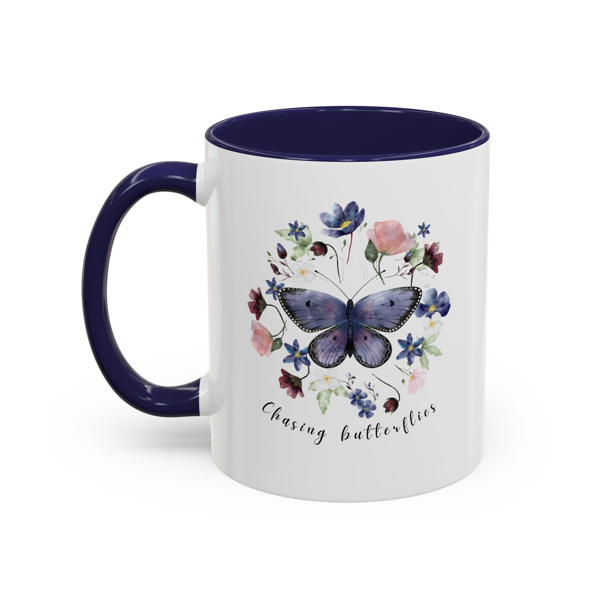 Close-up view of the intricate butterfly and wildflower design on the Butterfly & Wildflower Accent Coffee Mug, showcasing the vibrant colors and delicate details.