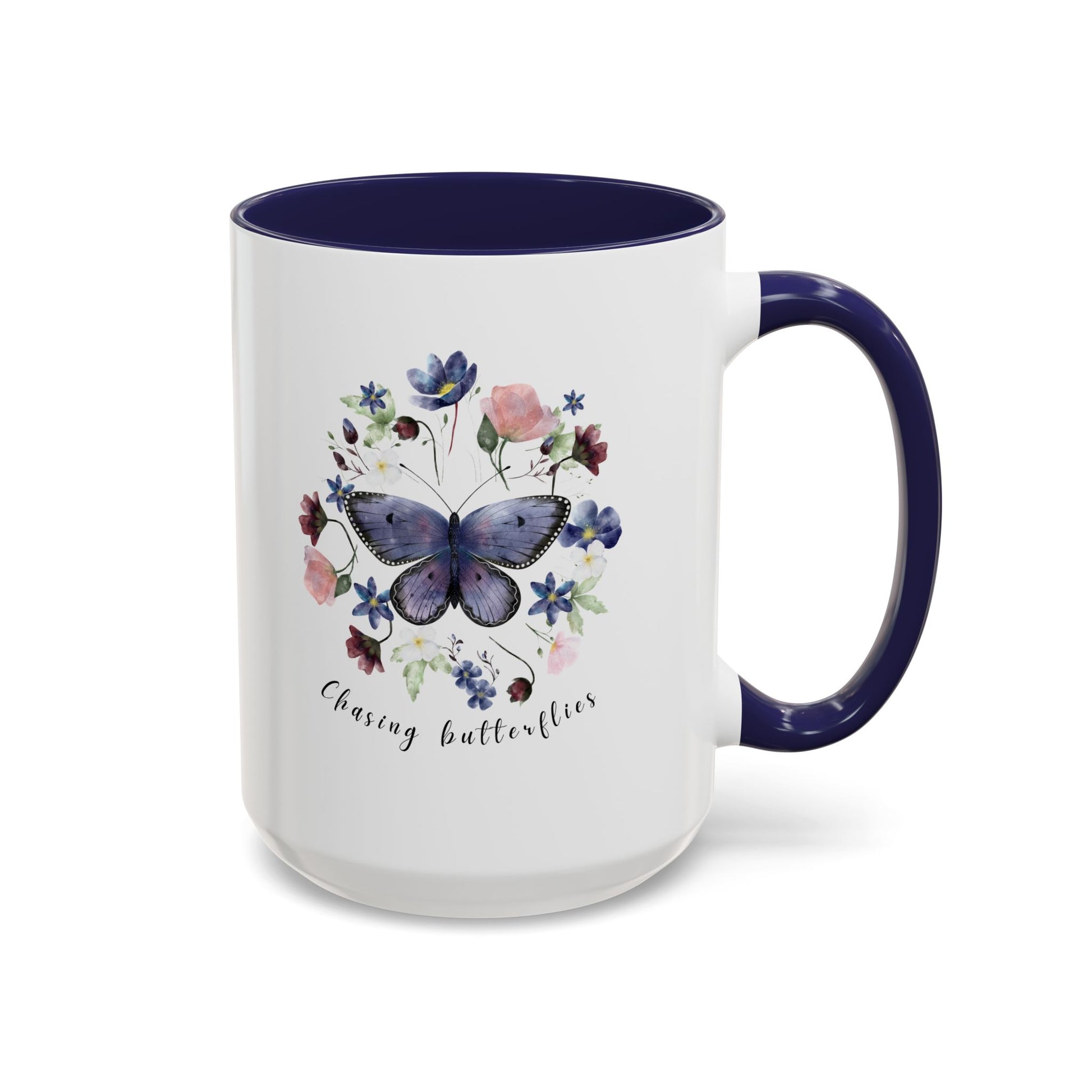 Beautiful Butterfly & Wildflower Accent Coffee Mug, featuring delicate butterflies and vibrant wildflowers on a white ceramic background.  15oz sizes.
