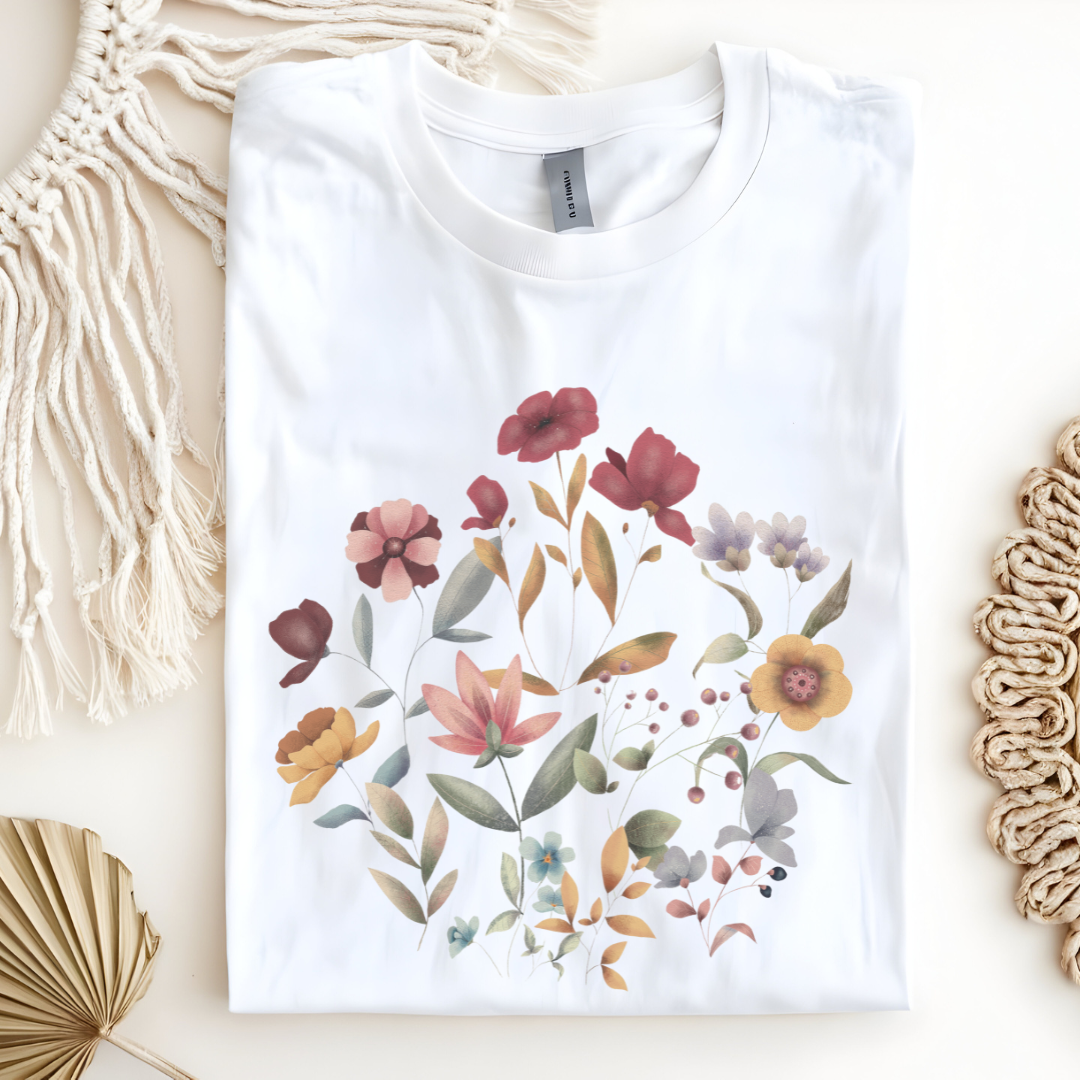 Flat lay of the "Hello Spring" Floral Tee, highlighting the soft, 100% US cotton fabric, classic crew neck, and the beautiful botanical floral design. Color White