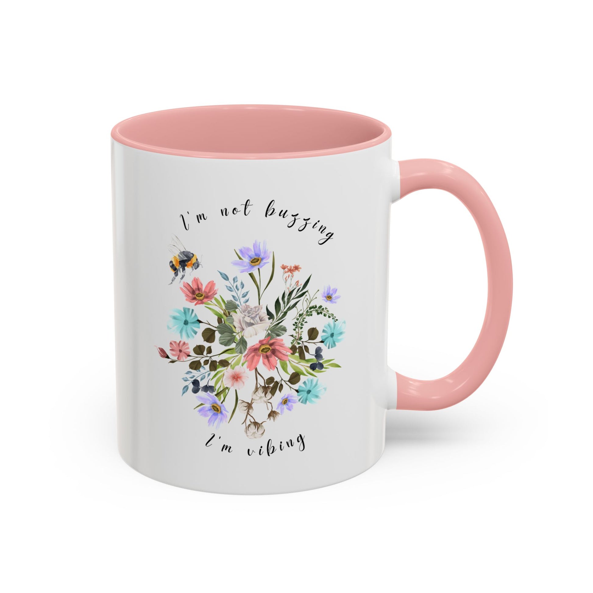 Close-up view of the detailed bee and wildflower illustration Coffee Mug,  11oz pink