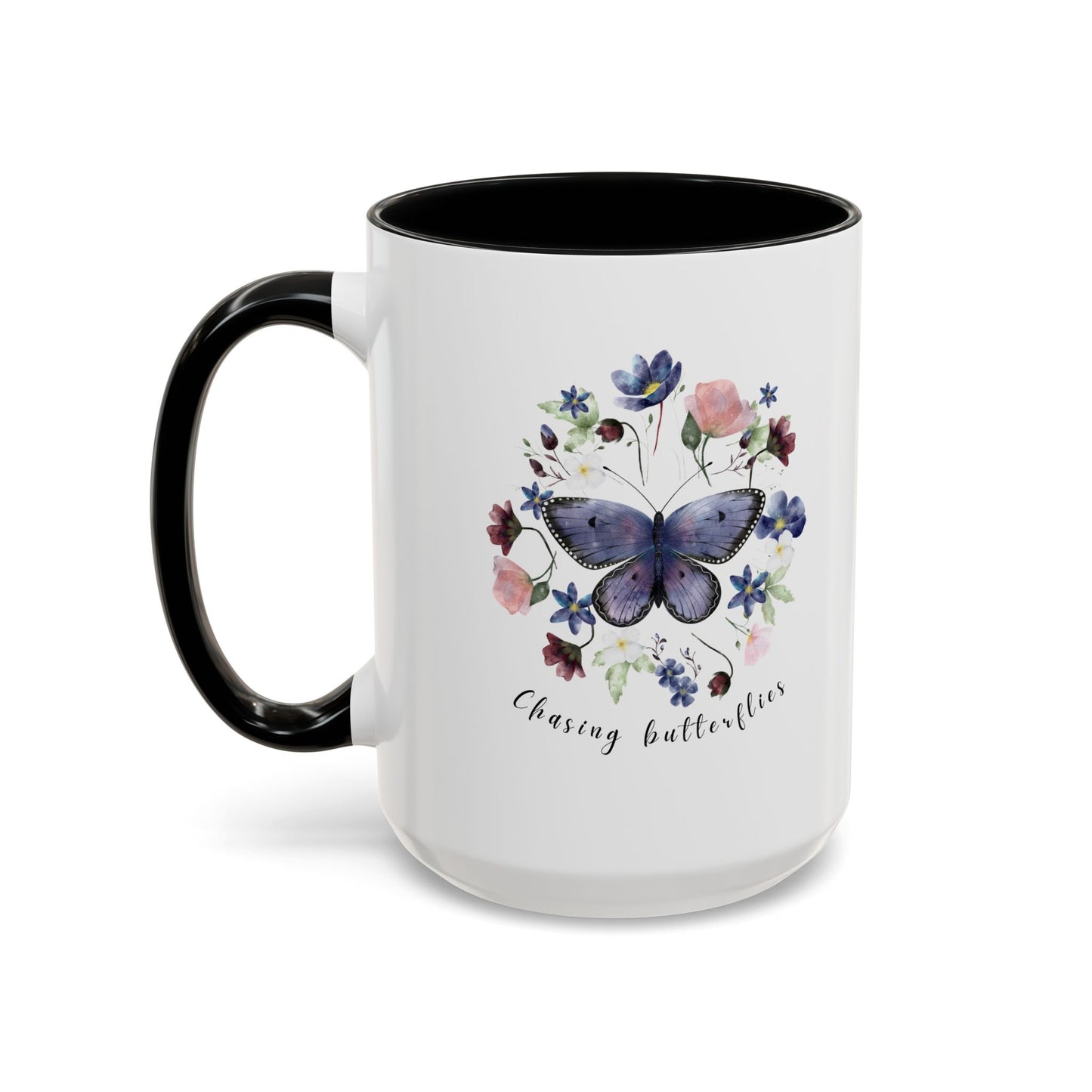 Beautiful Butterfly & Wildflower Accent Coffee Mug, featuring delicate butterflies and vibrant wildflowers on a white ceramic background.  15oz sizes.