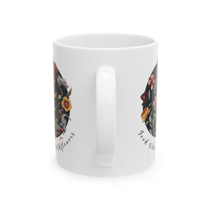 Good Vibes & Wildflowers Ceramic Mug, featuring a vibrant circle of wildflowers on a navy  background. Available in 11oz 