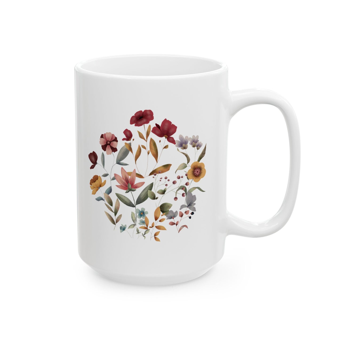 Wildflowers Circle Ceramic Mug, showcasing a vibrant circular arrangement of wildflowers on a white ceramic background. Available in 15oz