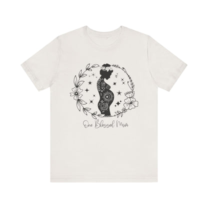 Flat lay of the "One Blessed Mom" T-Shirt, highlighting the soft Airlume cotton fabric and classic crew neckline. Heather gray