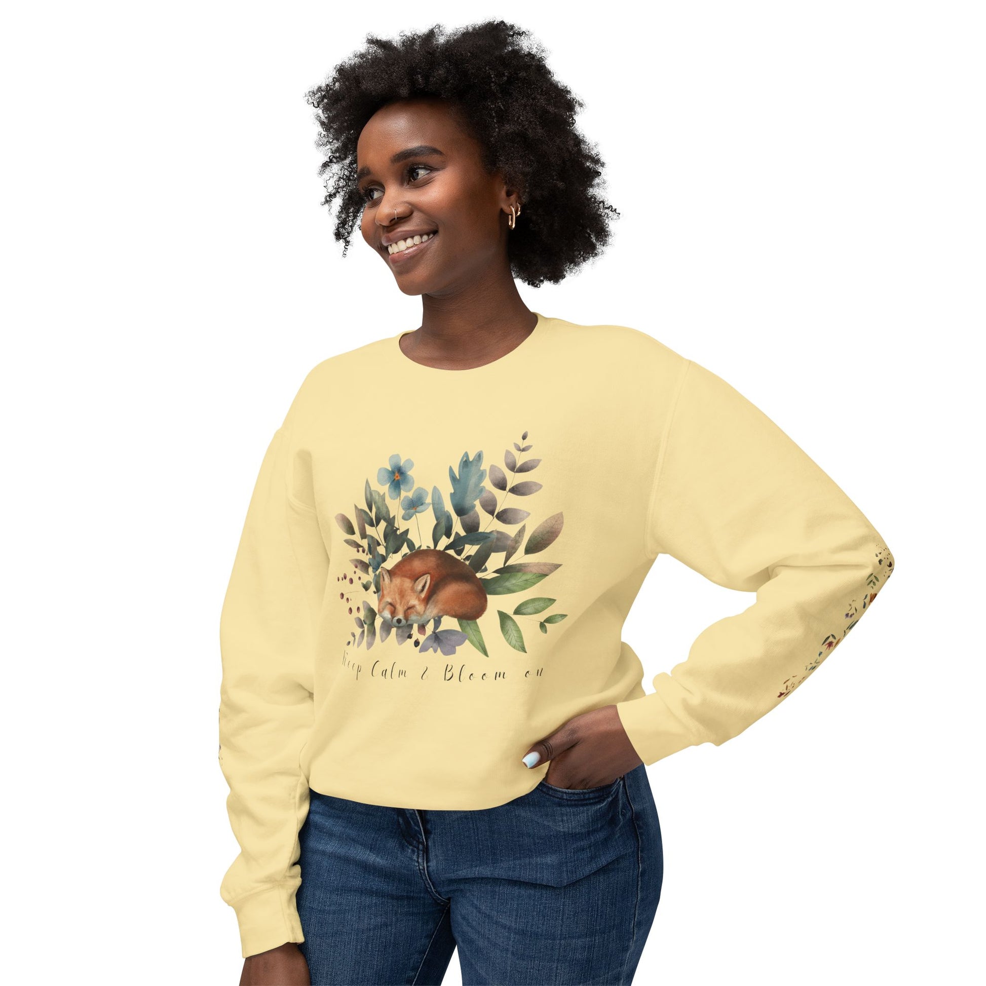 Keep Calm & Bloom on: Watercolor Fox & Flowers Unisex Lightweight Crewneck Sweatshirt - Wild Family Tribe