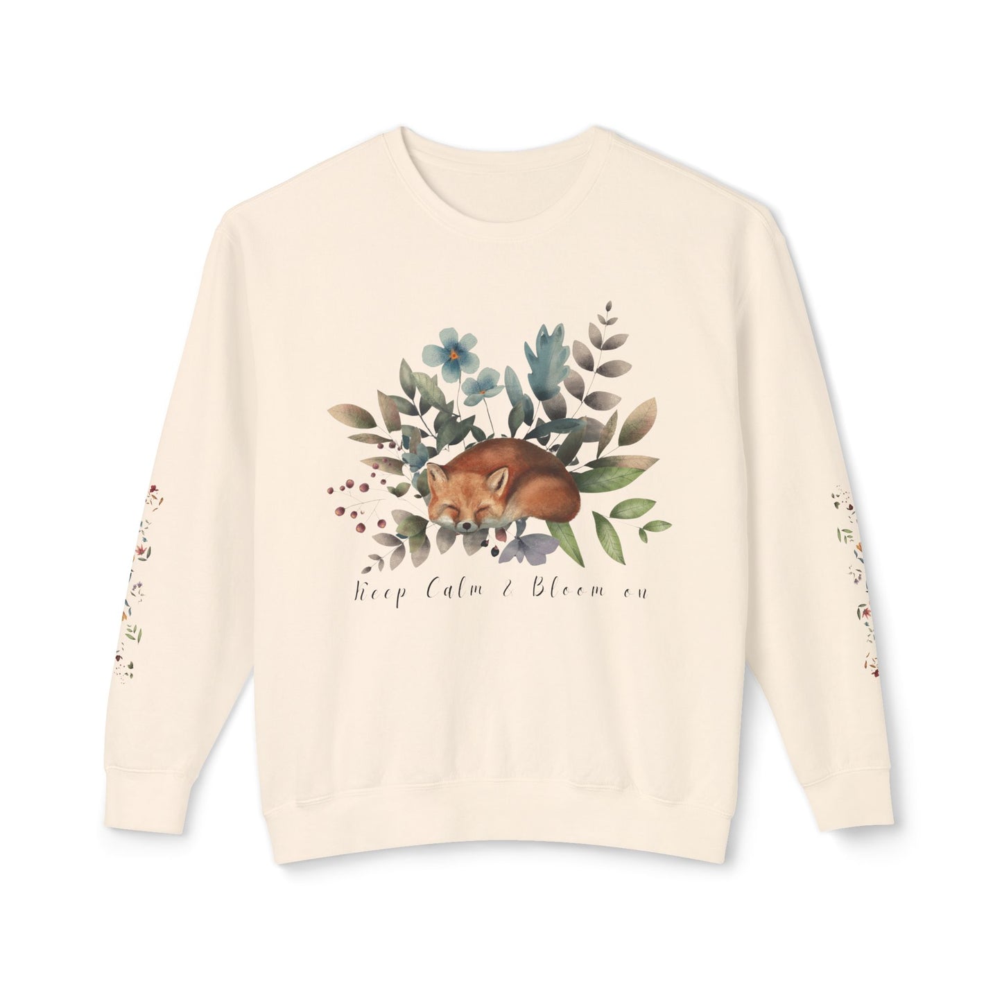 Keep Calm & Bloom on: Watercolor Fox & Flowers Unisex Lightweight Crewneck Sweatshirt - Wild Family Tribe