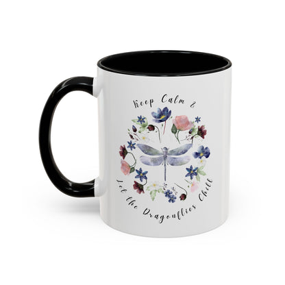 Keep Calm & Let Dragonflies Chill Coffee Mug, featuring a charming designon a white ceramic mug. Available in 11oz Black