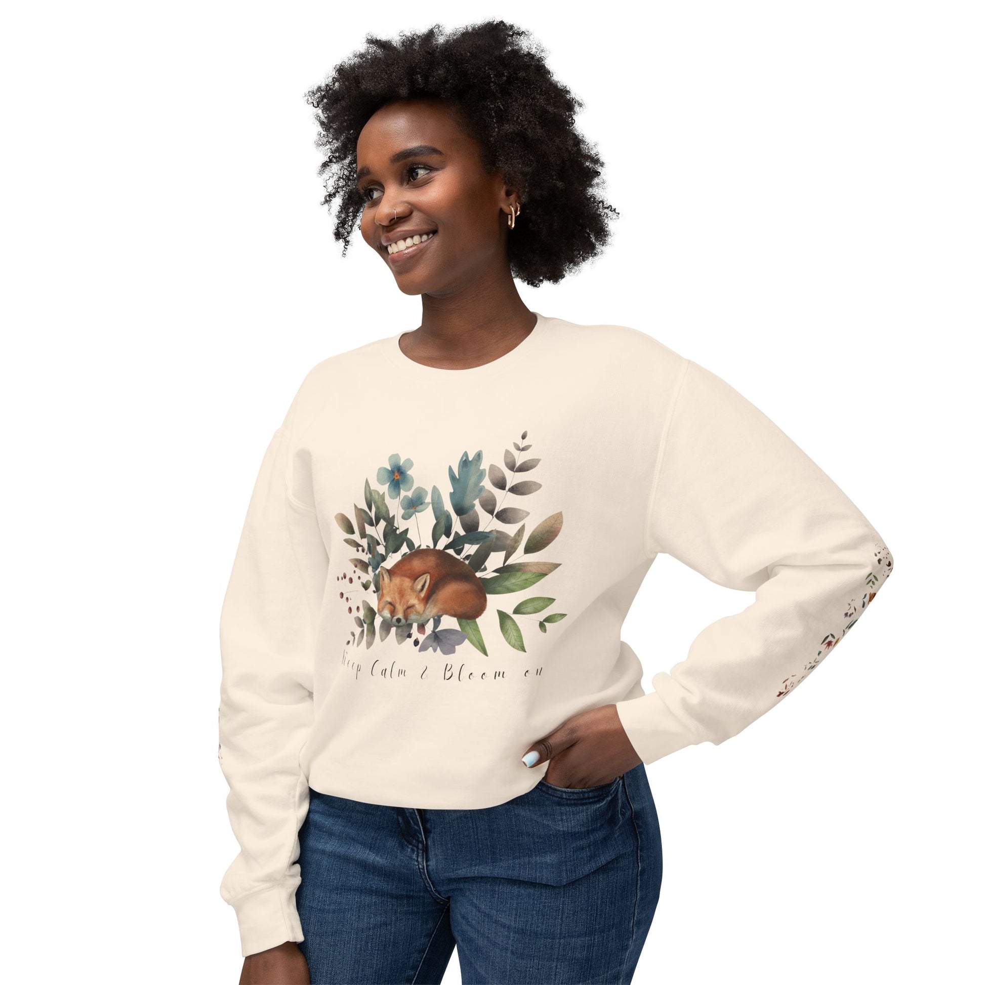Keep Calm & Bloom on: Watercolor Fox & Flowers Unisex Lightweight Crewneck Sweatshirt - Wild Family Tribe