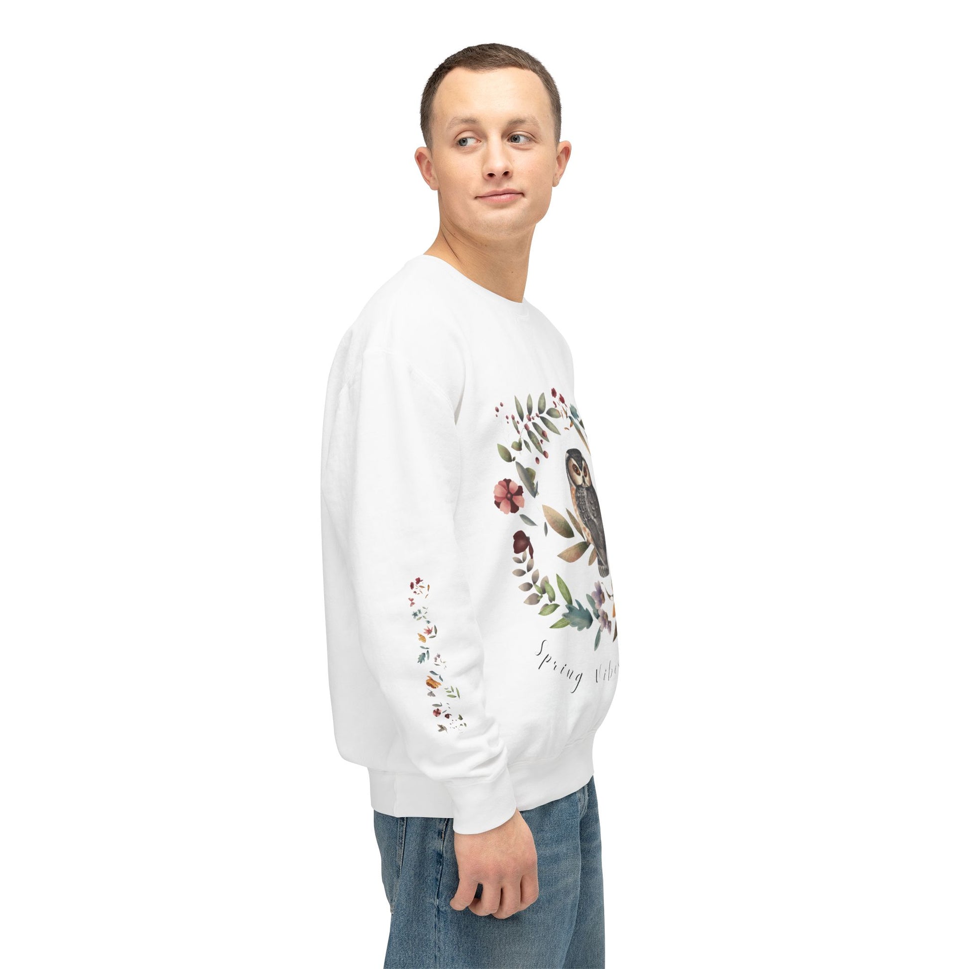 Spring Vibes Only: Watercolor Owl & Flowers Unisex Lightweight Crewneck Sweatshirt - Wild Family Tribe