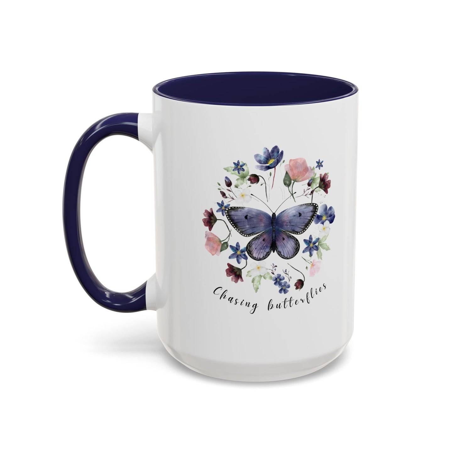 Beautiful Butterfly & Wildflower Accent Coffee Mug, featuring delicate butterflies and vibrant wildflowers on a white ceramic background.  15oz sizes.