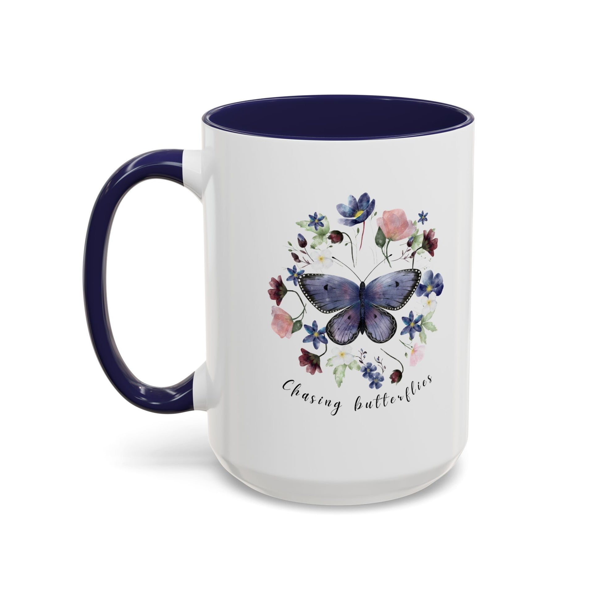Beautiful Butterfly & Wildflower Accent Coffee Mug, featuring delicate butterflies and vibrant wildflowers on a white ceramic background.  15oz sizes.