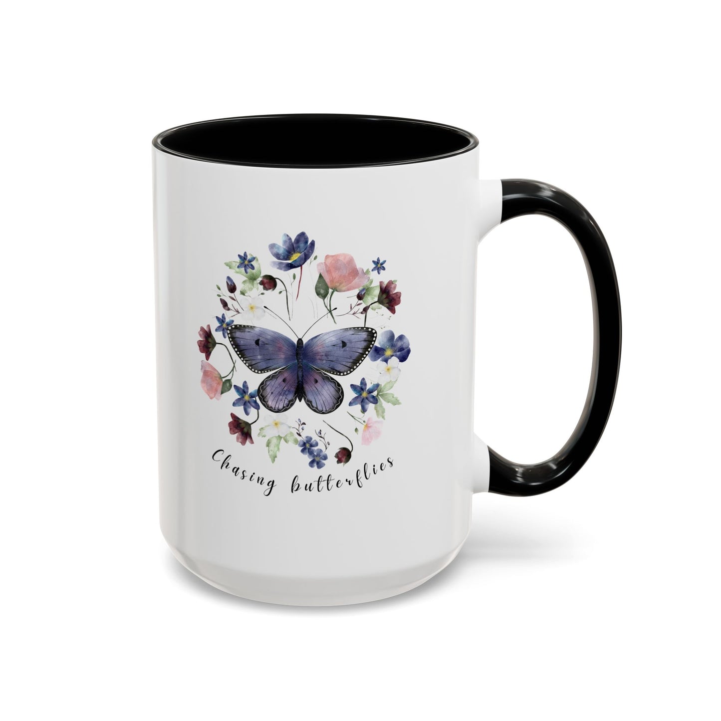 Beautiful Butterfly & Wildflower Accent Coffee Mug, featuring delicate butterflies and vibrant wildflowers on a white ceramic background.  15oz sizes.