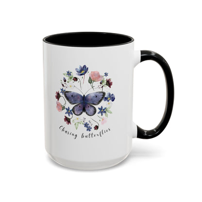 Beautiful Butterfly & Wildflower Accent Coffee Mug, featuring delicate butterflies and vibrant wildflowers on a white ceramic background.  15oz sizes.